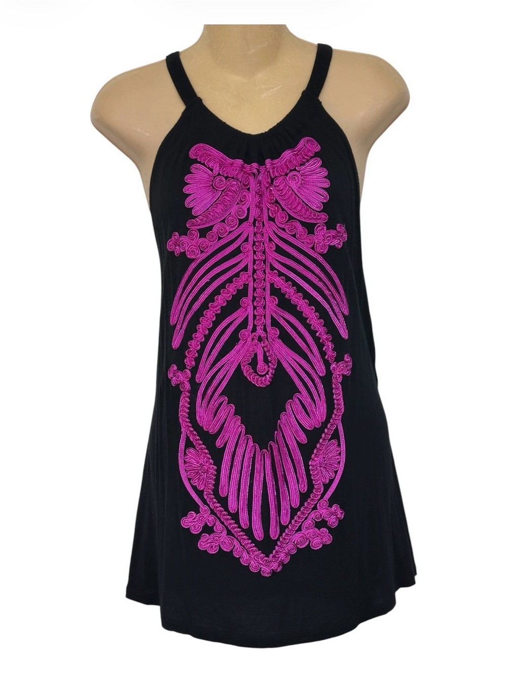 INC International Concepts Black Racerback Tank with Bright Pink Embroidery